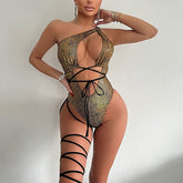 Amiyah Gold One Shoulder Monokini with Leg lace