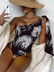 Sol One Shoulder Ribbon One Piece Black with White Leaves