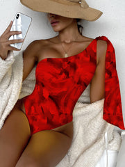 Sol One Shoulder Ribbon One Piece Red Floral