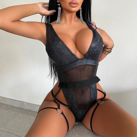 Amia Black Mesh One Piece with Leg Lace