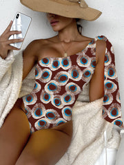 Sol One Shoulder Ribbon One Piece Russet with Blue Circles