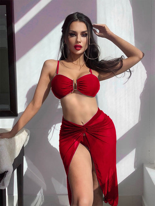 Adalee 3 pieces Red Bikini with Mesh Skirt