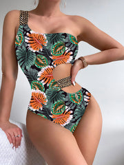 Zhuri Green and Orange Leaves One Shoulder Monokini