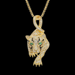 Gold Jaguar with Green Jewel Eyes Pendant