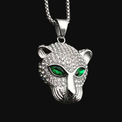 Silver Jaguar with Green Eyes Pendant