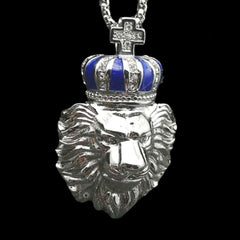 Silver Lion King Blue Crown Pendant