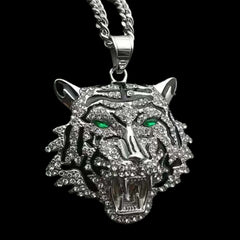 Silver and Black Tiger w/ Green Eyes Large Pendant JW003BIG-9