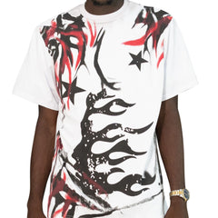 White Shirt with Red and Black Flames