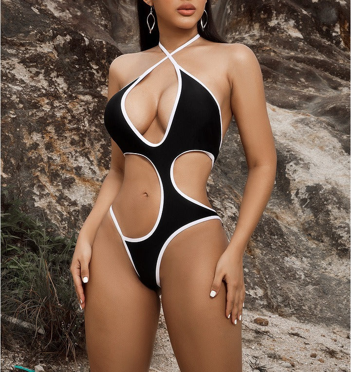 Halle Black Monokini with White Seams