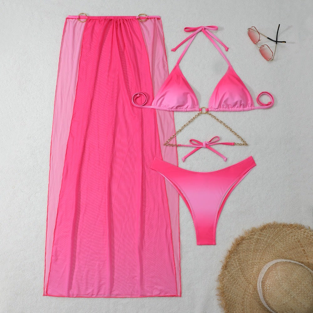 Skyla 3 Pieces Bikini Pink with Long Skirt Cover-Up