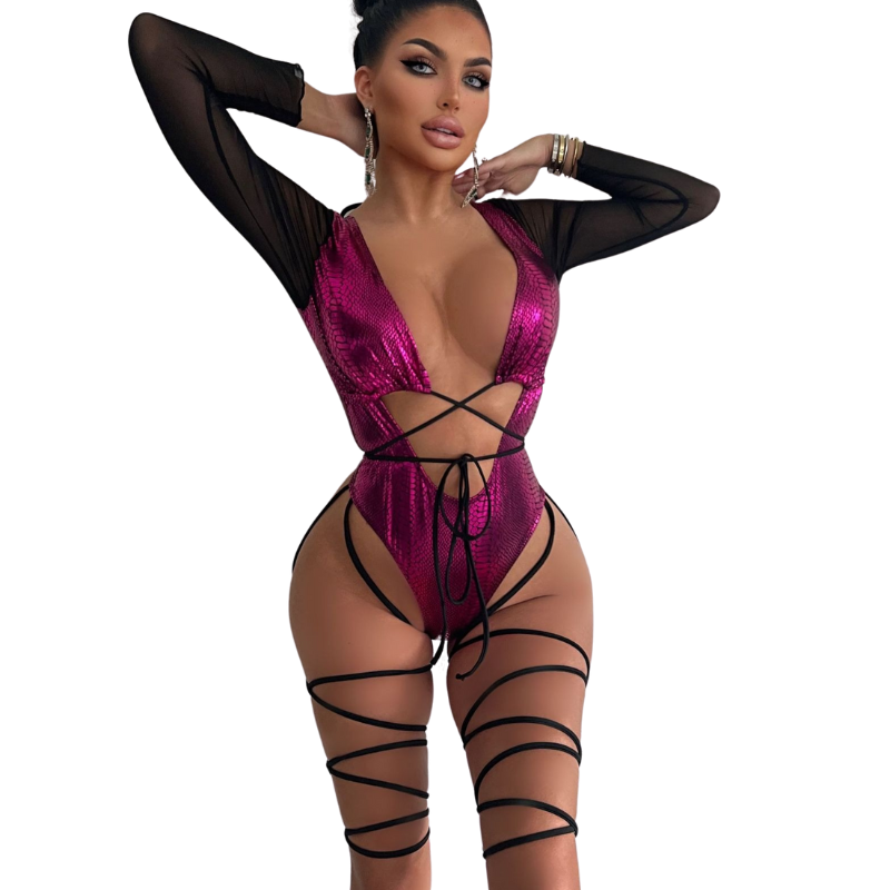 Adrienne Pink Long Sleeve Monokini with Leg Lace
