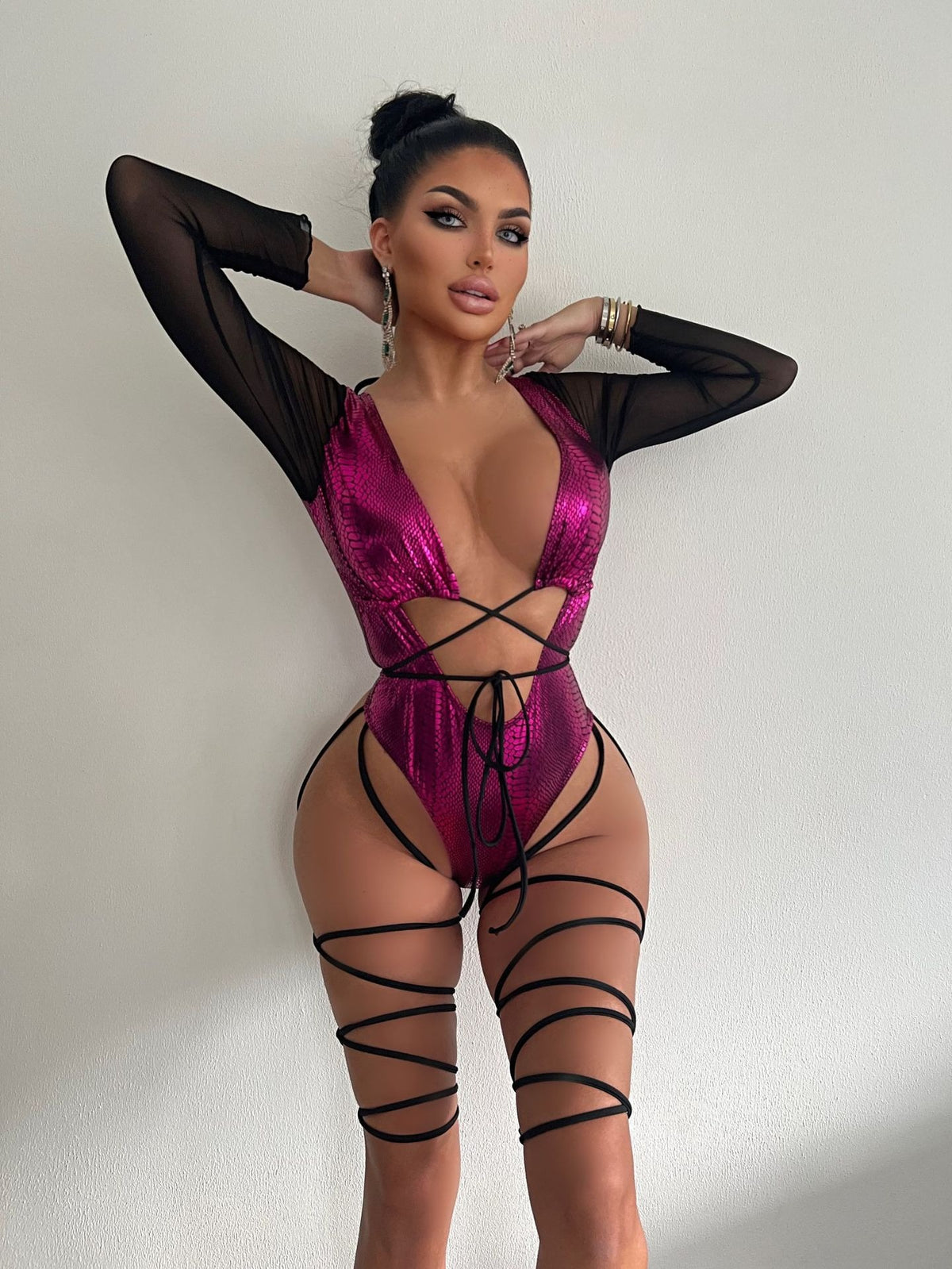 Adrienne Pink Long Sleeve Monokini with Leg Lace