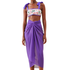 Alora Purple Floral 3-Pieces Bikini with Long Mesh Skirt