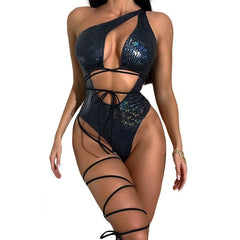 Amiyah Black One Shoulder Monokini with Leg lace