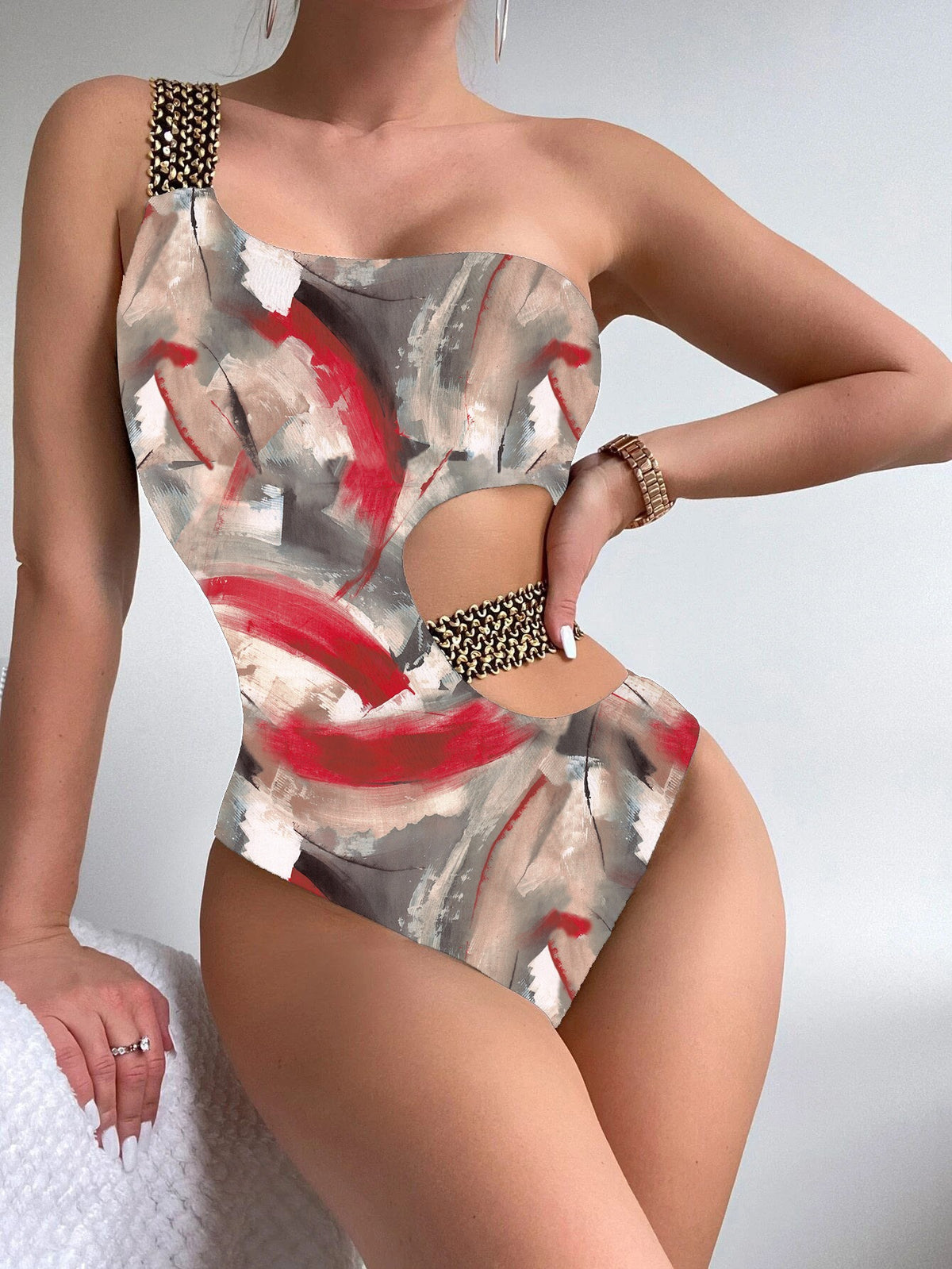 Zhuri Khaki and Red Pattern One Shoulder Monokini