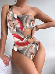 Zhuri Khaki and Red Pattern One Shoulder Monokini