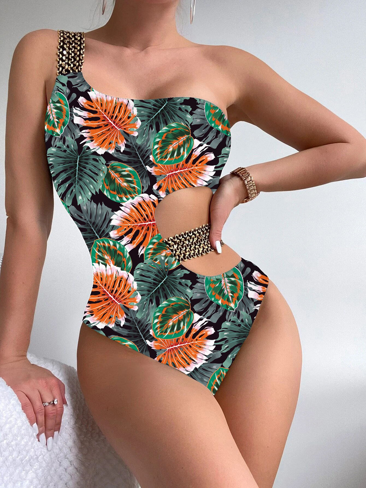Zhuri Green and Orange Leaves One Shoulder Monokini