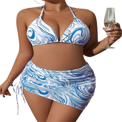 Alyssa 3 pieces Marble Print with Skirt White and Blue