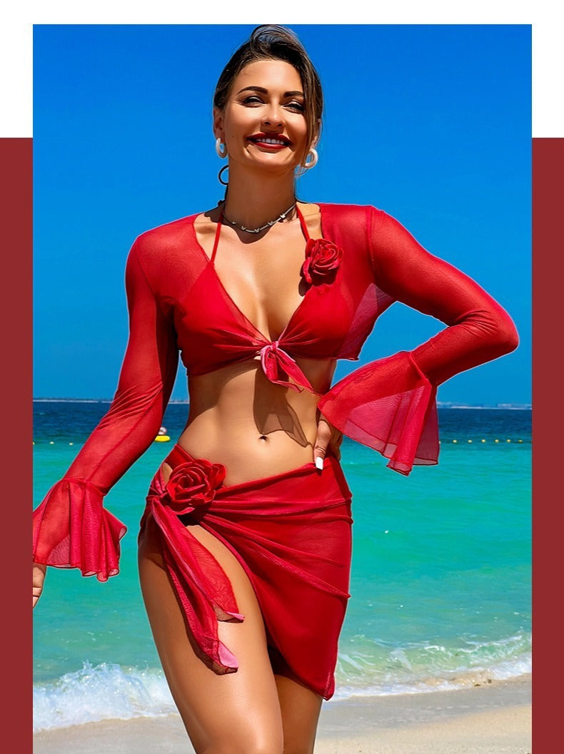 Raya Red Bikini with Long Sleeve Top and Skirt)