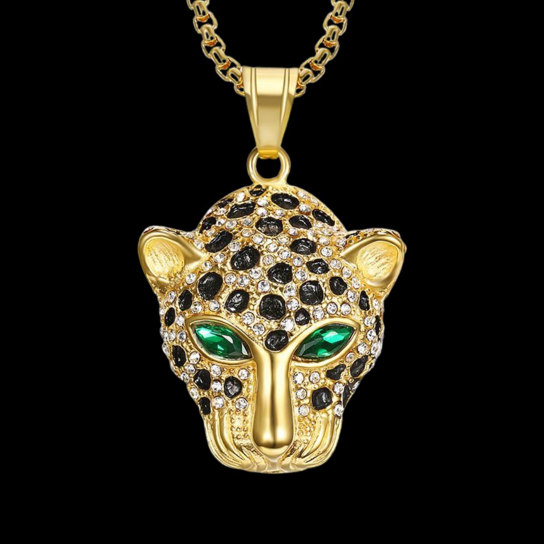 Gold Jaguar Head Green Eyes Pendant