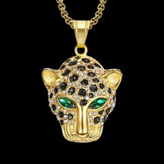 Gold Jaguar Head Green Eyes Pendant
