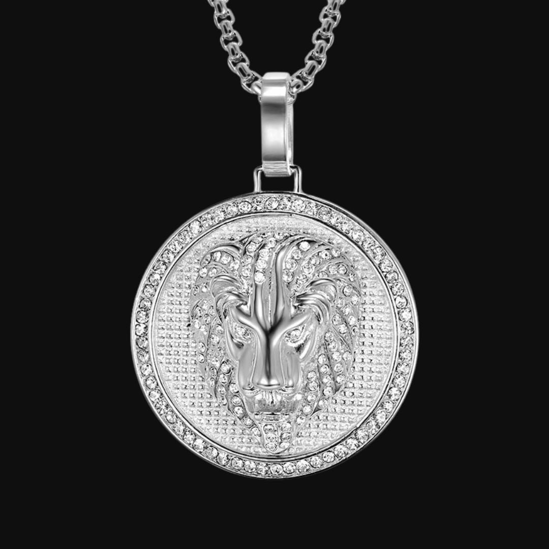 Silver Lion Head Round Pendant