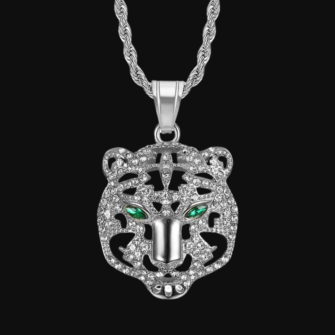 Silver Panther Mask Green Eyes Pendant