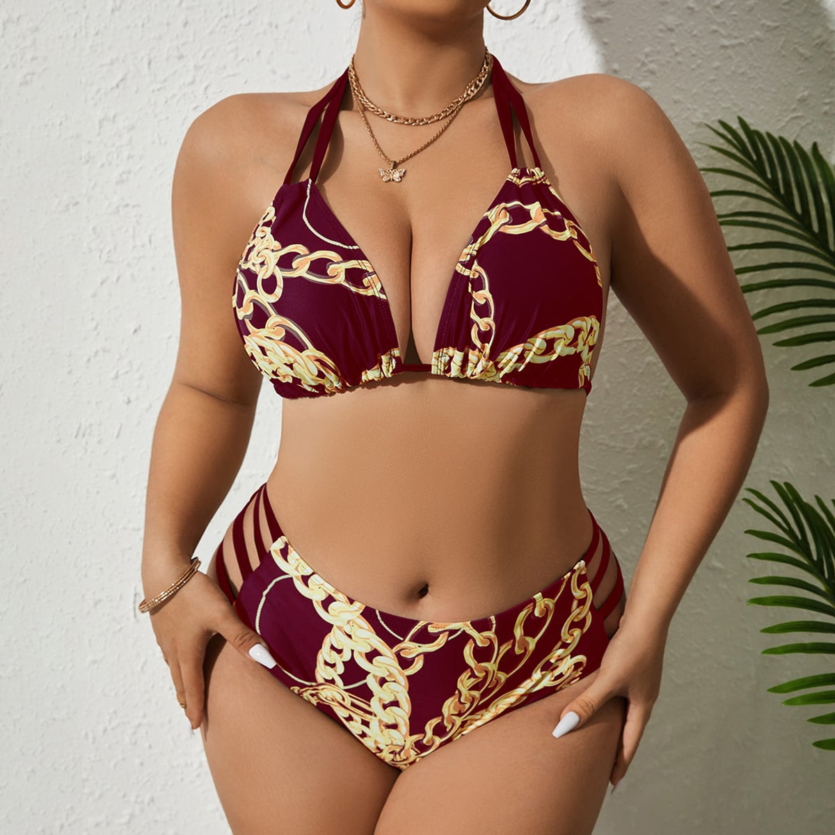 Dominique Gold Chain Pattern Bikini Burgundy Red