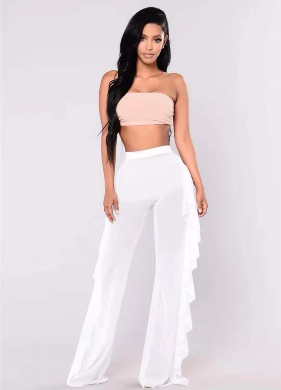 White Ruffled Mesh Coverup Pants CVUP40WHT