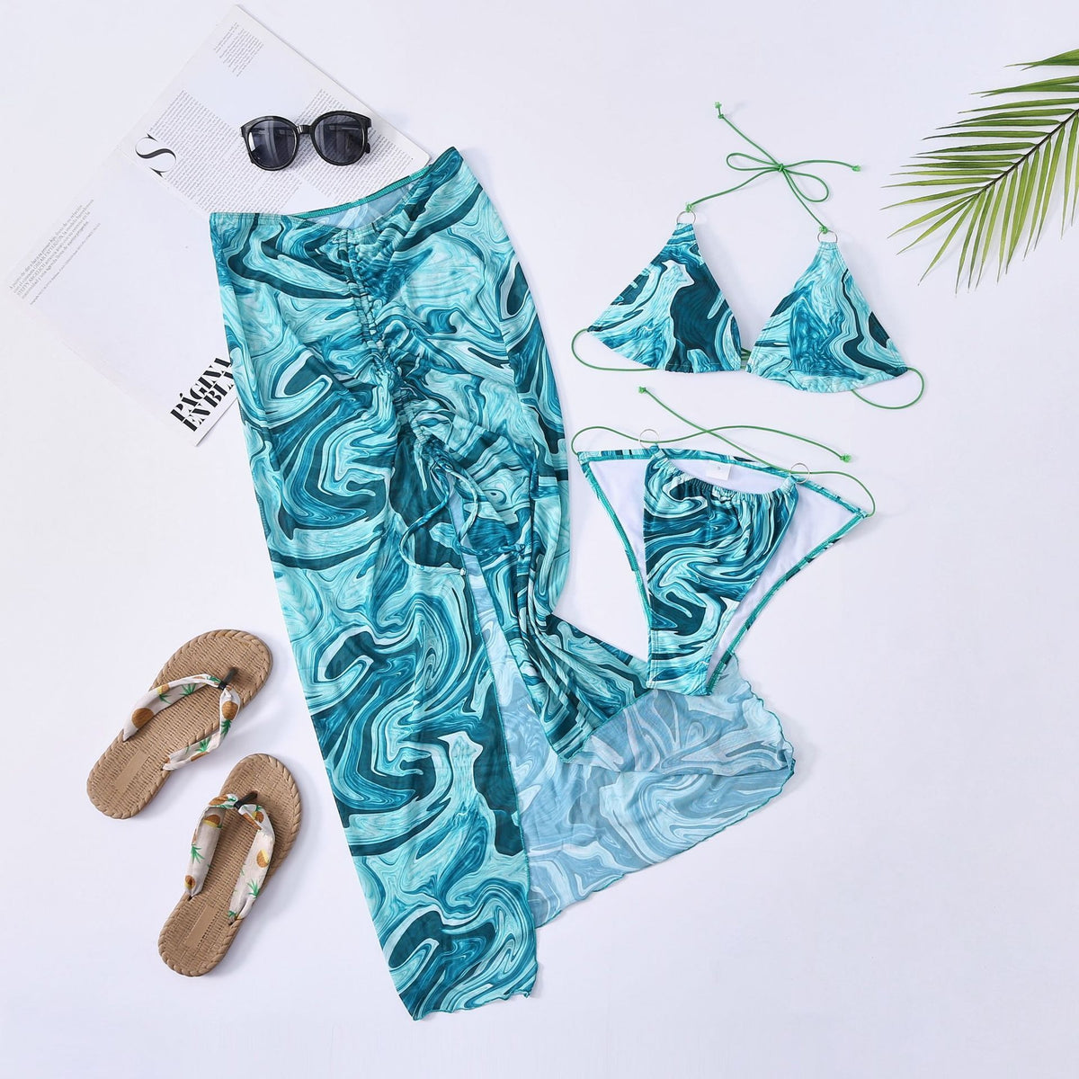 Della Swimsuit Set Blue Waves Pattern