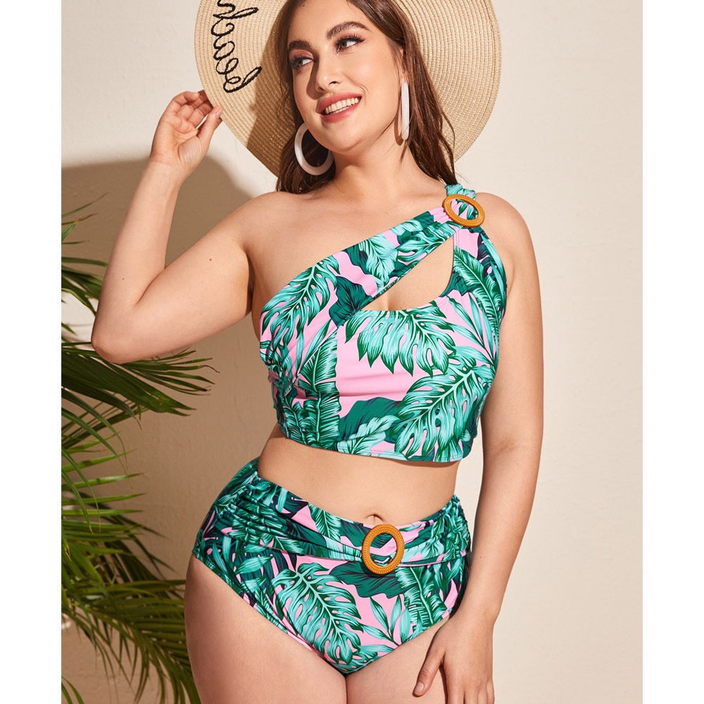Ophelia One Shoulder Green Leaves Print Bikini